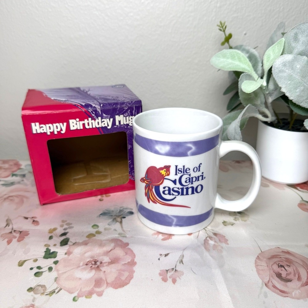 Isle of Capri Casino Happy Birthday Coffee Mug Vintage Parrot Logo White Purple
